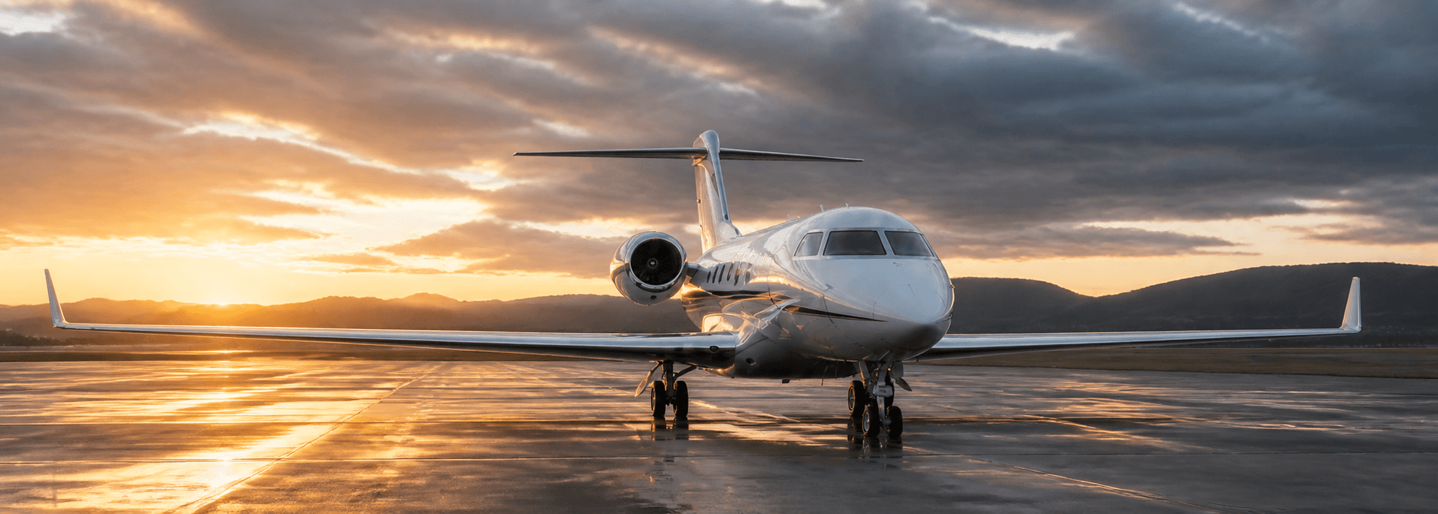 A long-range business jet on a runway under a dramatic sunset sky