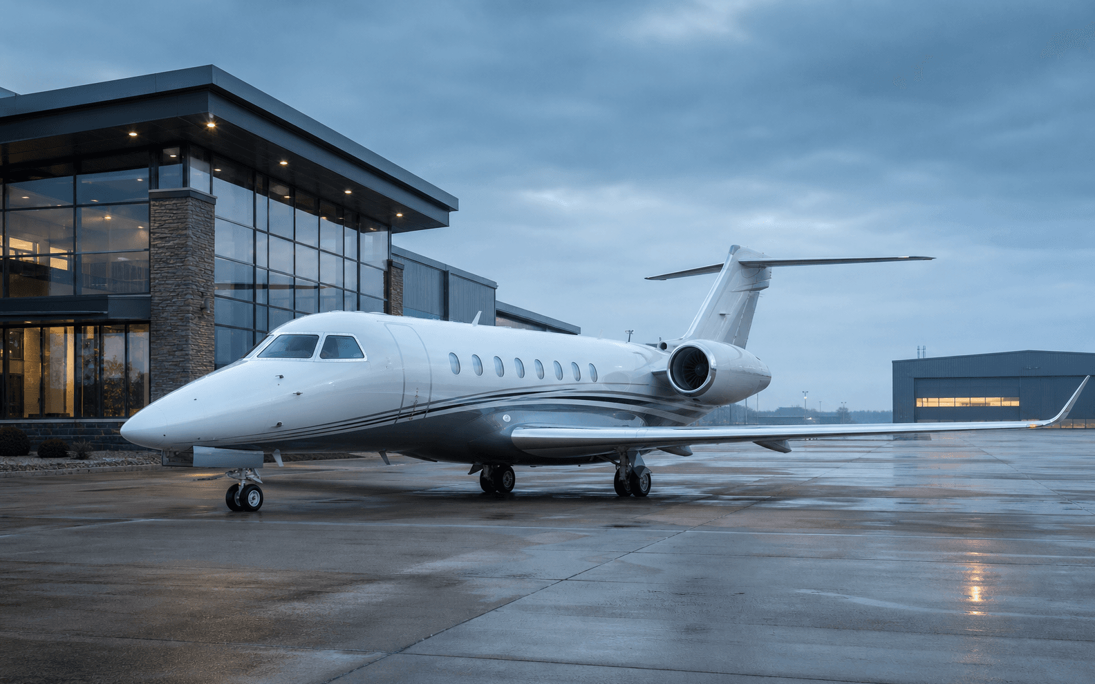 An unbranded business jet parked beside a modern FBO